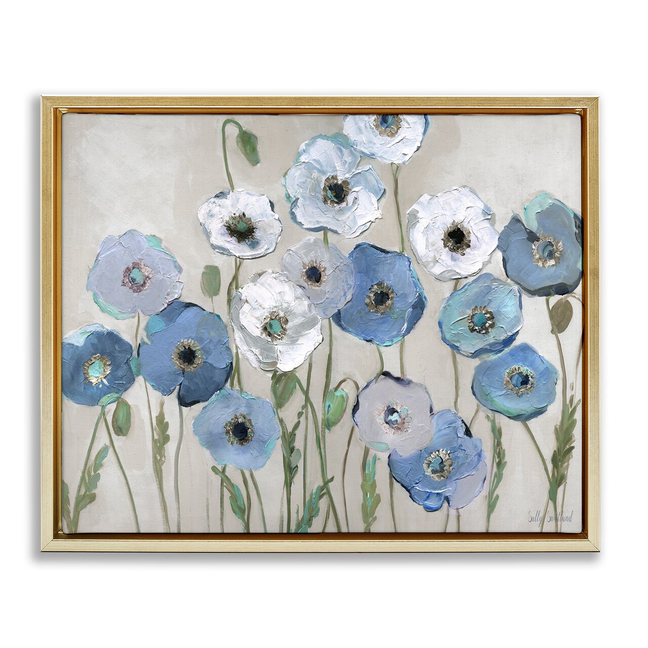 Stupell Industries Round Blue & White Poppies Floater Framed Canvas Wall Art Design by Sally Swatland